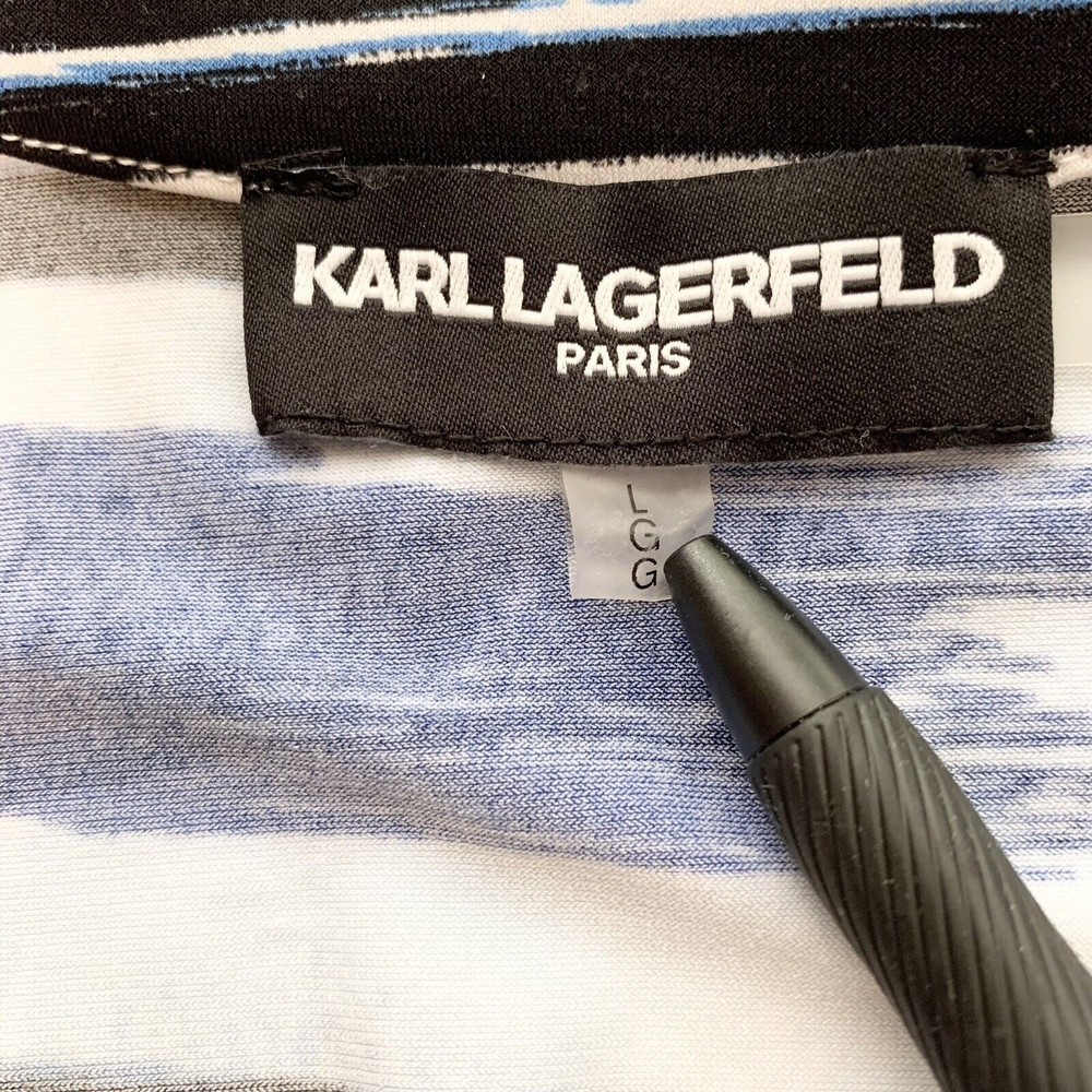 Karl Lagerfeld Womens L Blue Stripe Ruffle Collar 3/4 Sleeve Jersey Top Blouse - Picture 6 of 11